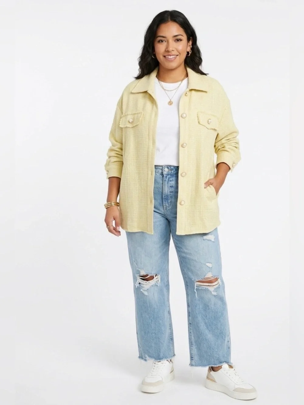 Andrée by Unit $54 NWT Daydreams Yellow Tweed Pearl Shacket 1X P2P 26-27” - Picture 1 of 10